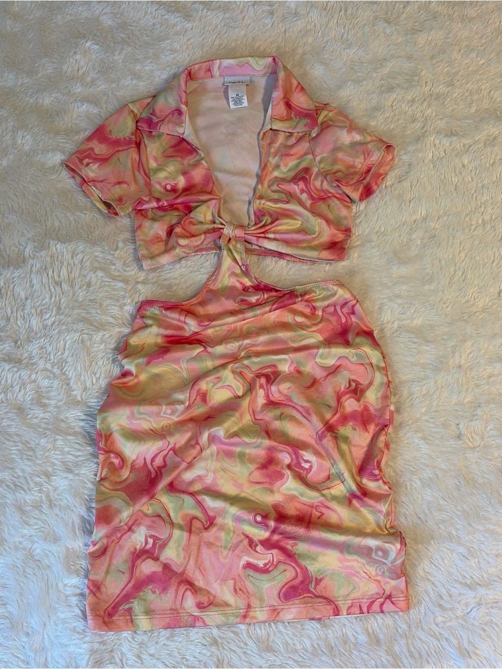 Swirl-Print Pink & Green Midi Skirt — Tie-Front Style